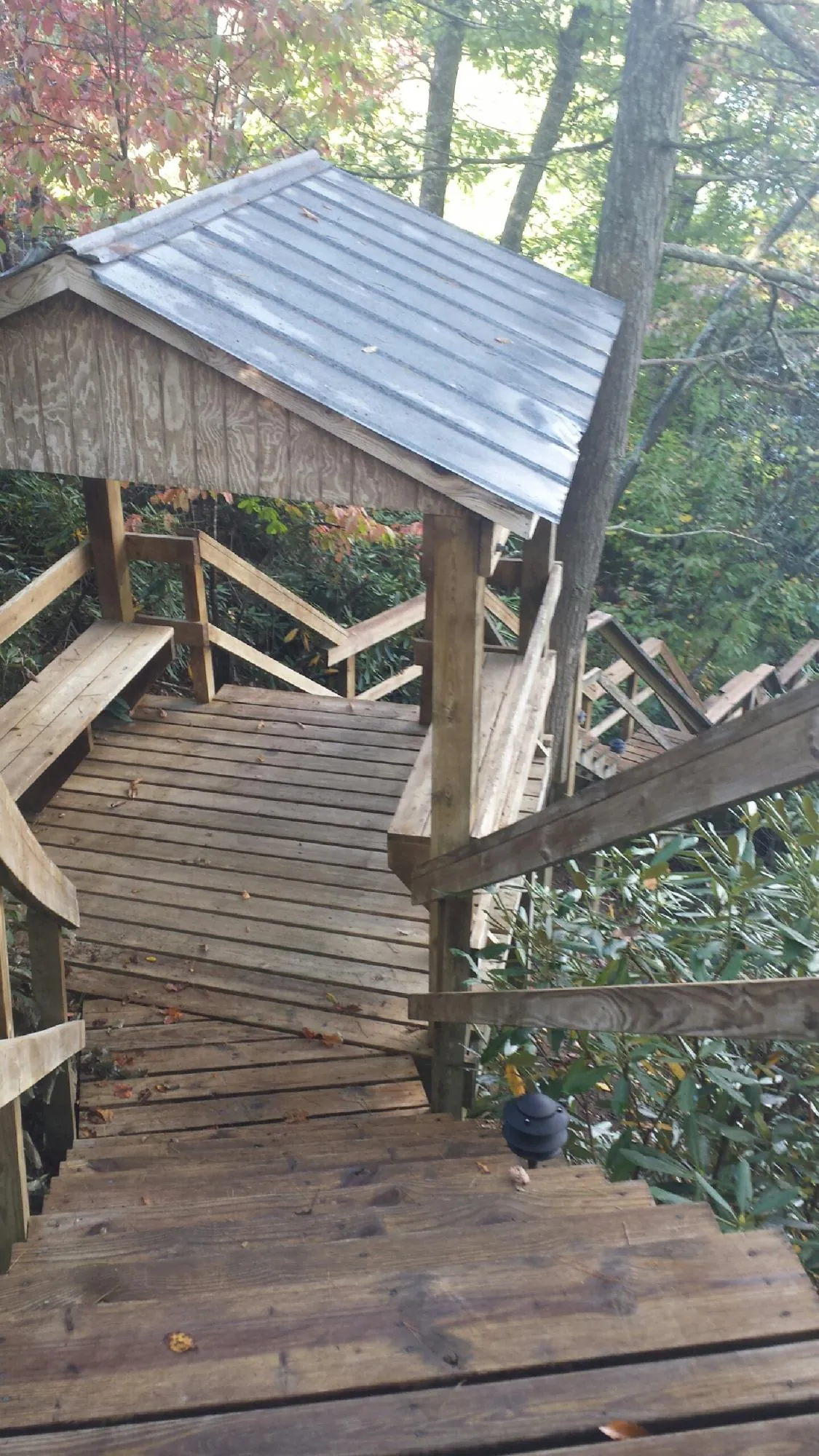 Metal roofed shelter over wooden steps on a wooded walkway — Skylight Repair & Installation work by our crew in Palco